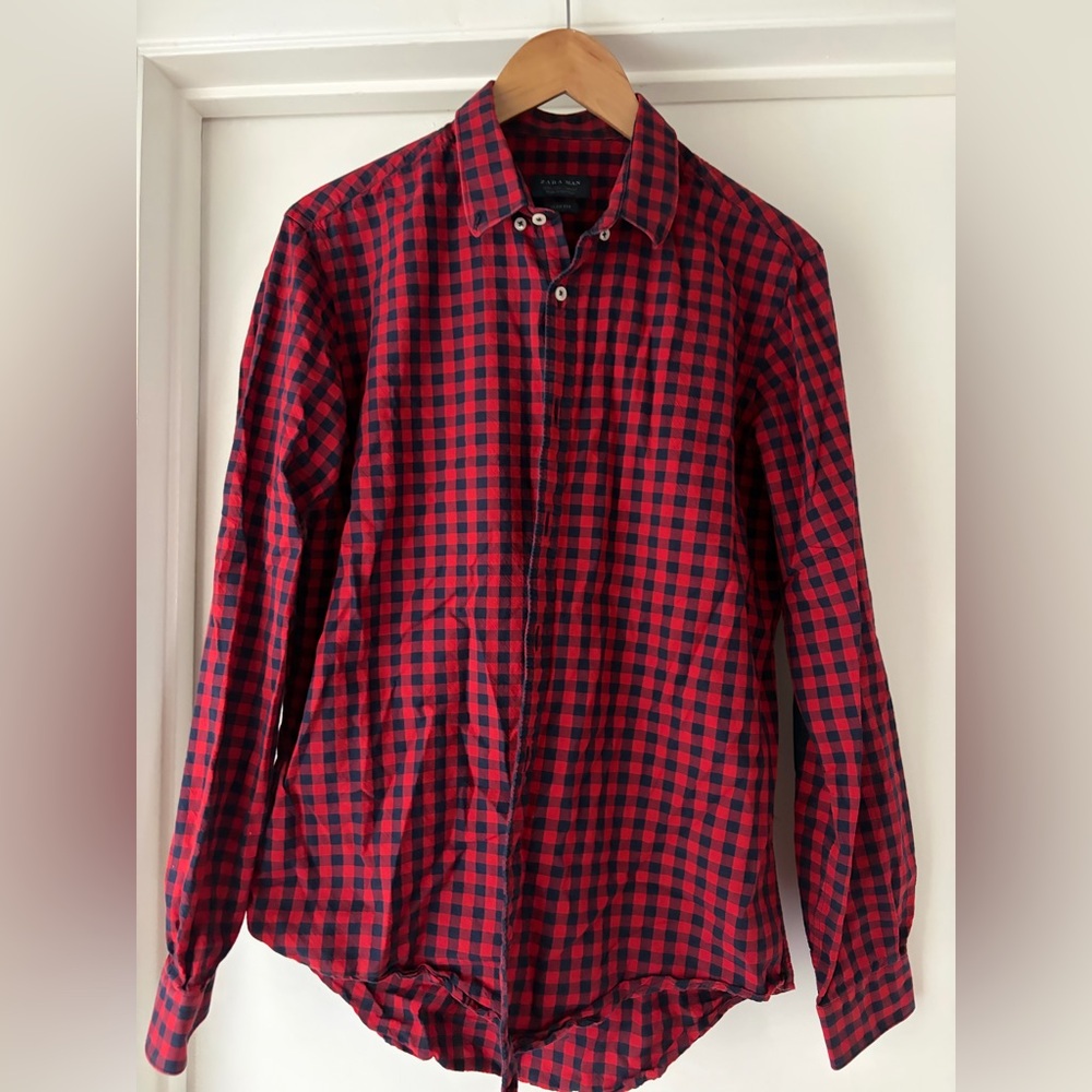 Zara Red and Black Checkered Buffalo Button Shirt Men's